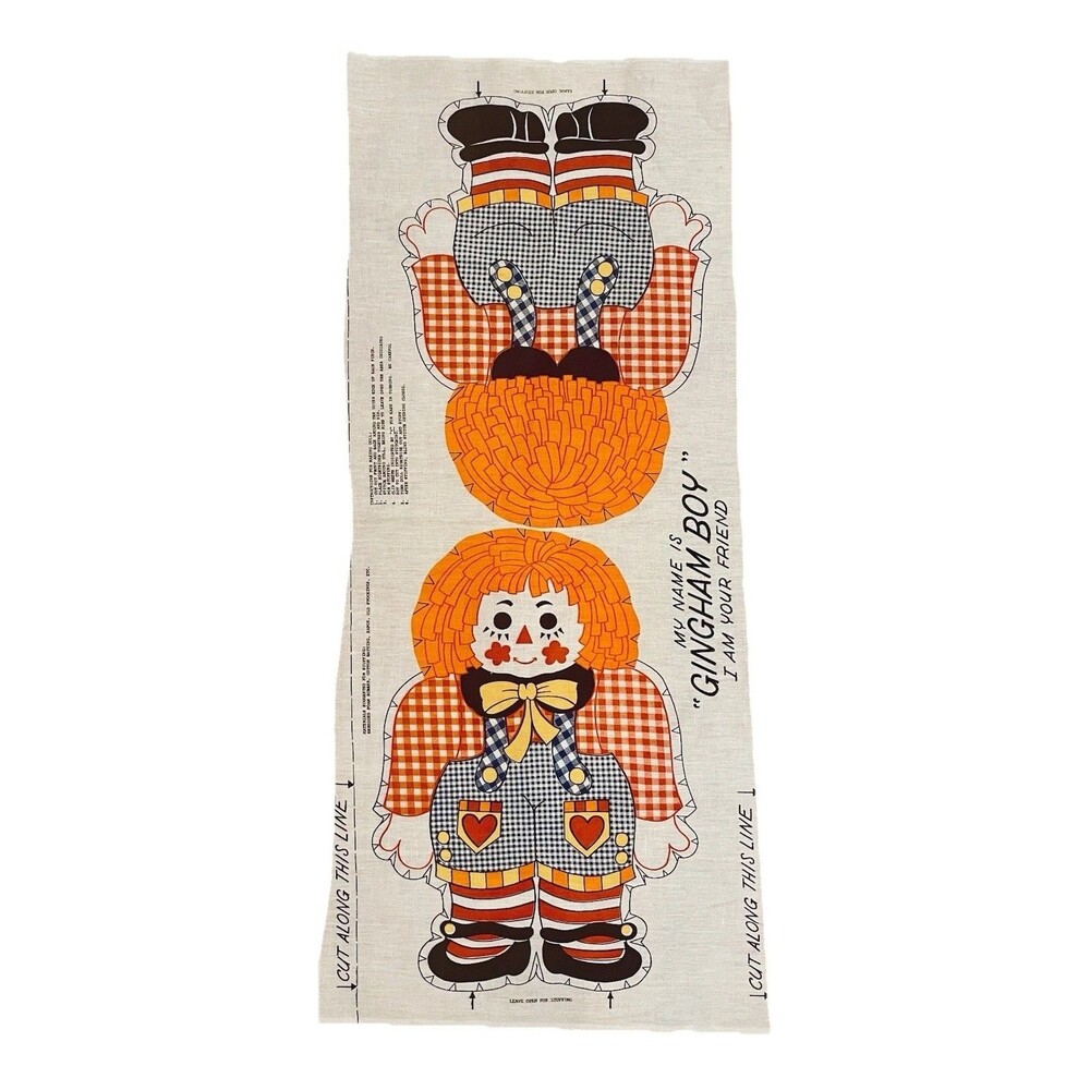 Vintage Fabric Panel Gingham Boy Doll Pillow Cut Sew And Stuff Rag Uncut 1960s